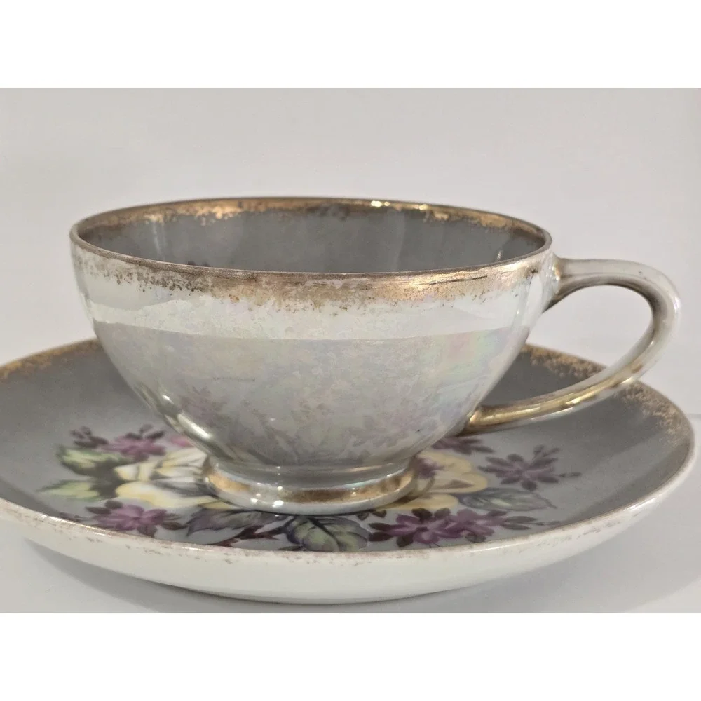 HB China Tea Cup Floral 2191 White Iridescent Gold Trim Gray Lusterware Roses